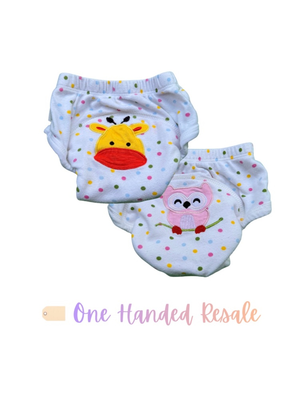 🦒 White Rainbow Polka Dot Kids Training Pants Yellow Giraffe & Pink Owl Design